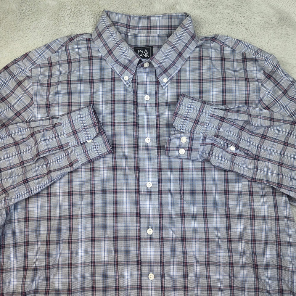 Jos. A. Bank Button Down Shirt Mens XL Slim Fit Traveler Plaid Long Sleeve Blue
